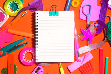 back to school background for kids & student, colorful stationery education in top view flat lay