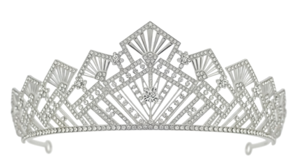 Silver tiara with diamonds isolated PNG on transparent background, elegant headpiece for wedding or prom, queen princess crown