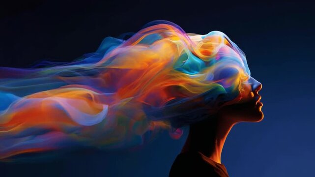 A vibrant explosion of multicolored wisps emanates from the head of a silhouette, symbolizing creativity, imagination, and the endless possibilities of the human mind and spirit.