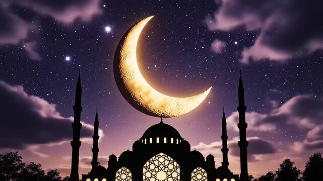 Night sky crescent moon over mosque silhouette islamic art concept