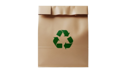 Brown paper bag with green recycling symbol isolated PNG, eco-friendly packaging for groceries and sustainable lifestyle