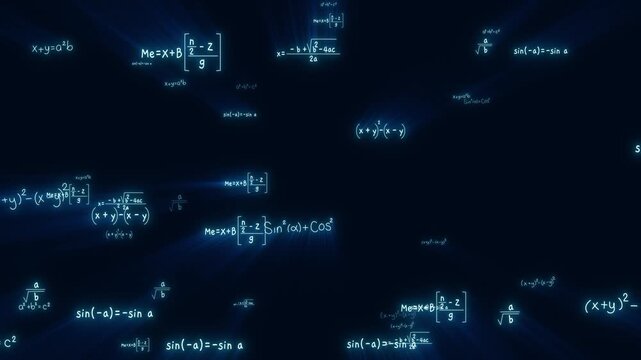 math theory formulas and numbers shiny glowing  blue animation, mathematics algebra and science education vertical social media motion background
