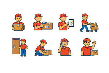 Courier delivery worker character set showing package handling, barcode scanning, mobile tracking, cart transport, doorstep arrival, and customer support
