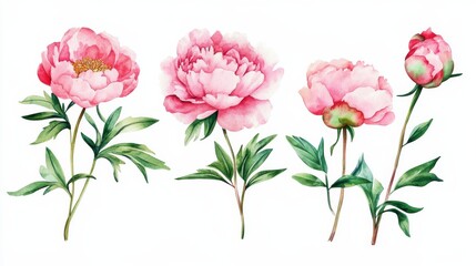 Obraz premium Set of sweet pink peonies flowers in a watercolor collection showing hand drawn botanical plant illustrations with a transparent background for use in designs