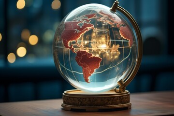 Glass globe with a red world map illuminated by a soft inner light on a wooden table