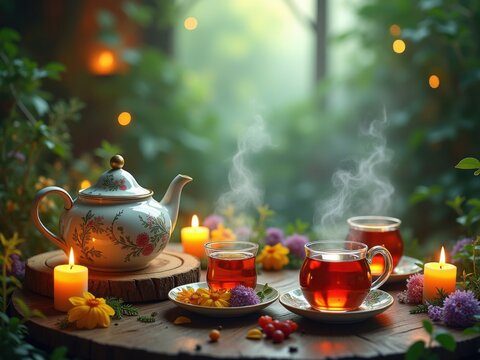 Ceremonia m&iacute;stica del t&eacute; de hierbas, teteras brillantes, infusiones florales, ambiente acogedor, bienestar org&aacute;nico, pintura digital art&iacute;stica