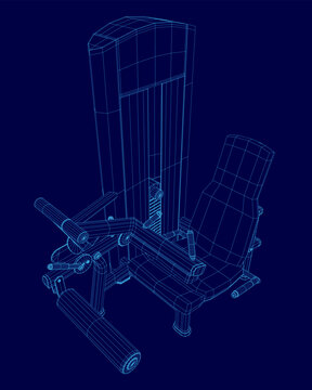 A 3D blueprint of a recliner chair on a blue background details its seated design, leg position, and curl trainer mechanism for home exercisers.