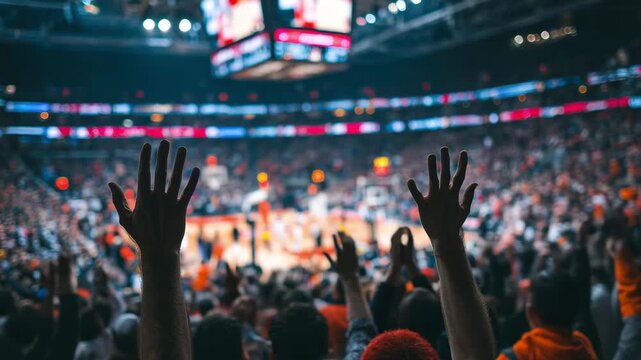 Crowd of fans raises hands to cheer during an intense basketball match at a busy arena with bright lights and large screens