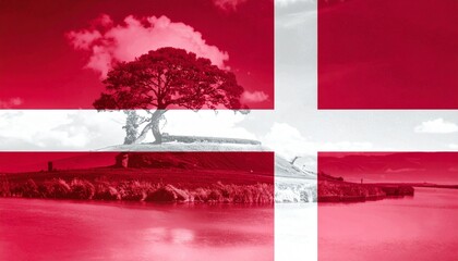 Denmark national flag (Dannebrog) with white Scandinavian cross on red field, flying against blue sky.