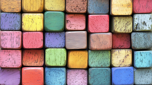 Colorful wooden blocks aligned. Wide forma, wall paper, backdrop ai generated