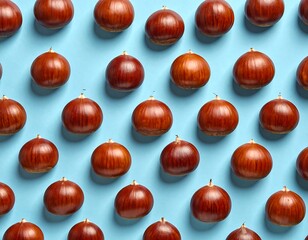 Rows of glossy, brown chestnuts with stems are arranged on a light blue surface, casting slight shadows