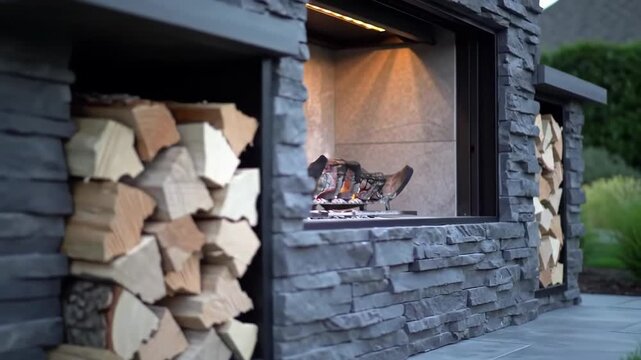 Modern outdoor fireplace with stacked stone and firewood storage, creating a cozy ambiance.