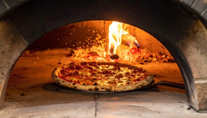 Wood-fired oven pizza with golden crust, melted cheese, flames and glowing embers in rustic setting.