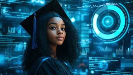 A graduate student woman wearing a cap and gown poses in a bright digital environment surrounded by technology graphics - Powered by Adobe
