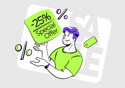 Happy male character demonstrates 25 off sale offer. Line vector illustration of sale promotion and ecommerce for social media