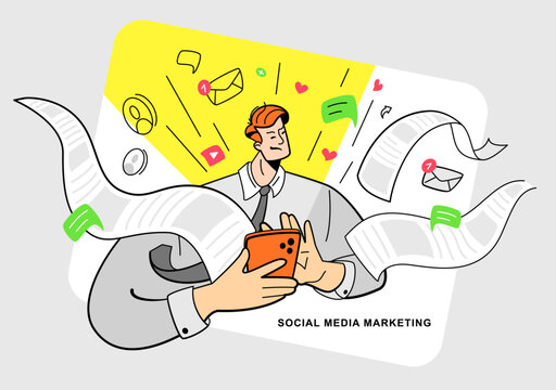Social media marketing intrusion and obsession. Vector illustration of upset man with smartphone in his hands declining intrusive online news and ads