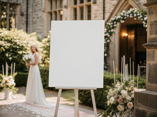 Blank 16x20 white canvas mockup on easel at wedding ceremony. Vertical poster frame template with bride and floral decor at church entrance.