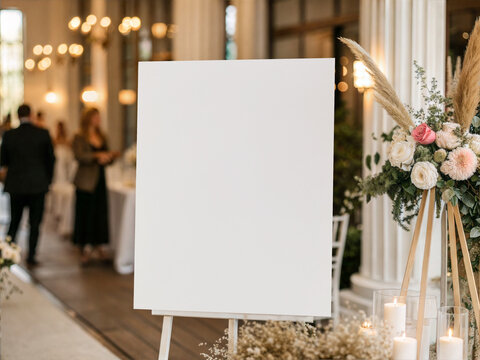Blank 16x20 white canvas mockup on wooden easel at wedding reception. Vertical poster frame template in elegant ballroom with candles and flowers.