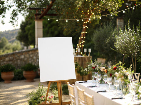 Blank 16x20 white canvas mockup on wooden easel at elegant outdoor wedding reception. Vertical poster frame template in garden restaurant.