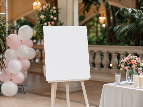 Blank 16x20 white canvas mockup on white easel in elegant event hall. Vertical poster frame template with pink balloons, candles and flowers.