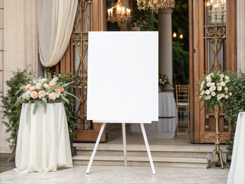 Blank 16x20 white canvas mockup on white easel at luxury wedding entrance. Vertical poster frame template with roses bouquet and elegant wooden doors.