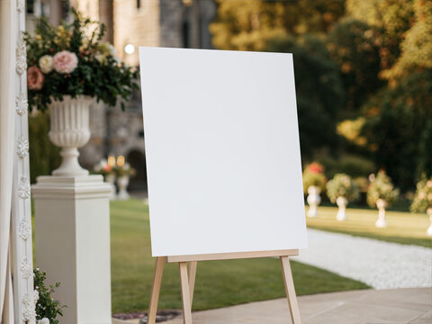 Blank 16x20 white canvas mockup on wooden easel at luxury estate wedding. Vertical poster frame template in classic palace garden with flowers.