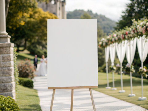 Blank 18x24 white canvas mockup on wooden easel at luxury wedding. Vertical poster frame template with bride and groom walking in garden background.