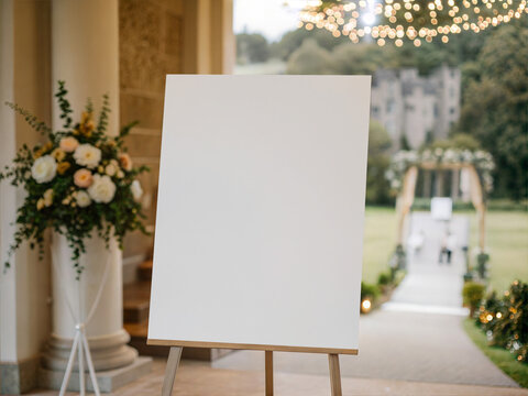 Blank 18x24 white canvas mockup on wooden easel at luxury wedding venue. Vertical poster frame template with garden ceremony and bokeh lights background.