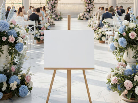 Blank horizontal 18x24 white canvas mockup on wooden easel at luxury wedding. Landscape poster frame template with blue flowers and guests in sunlit hall.