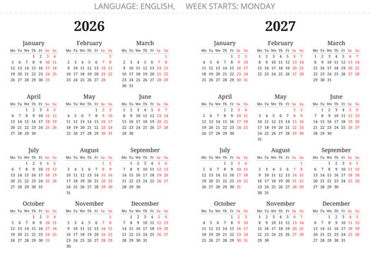 2026 and 2027 english annual calendars serif font. Vector year illustration. Week starts monday
