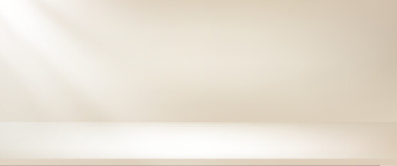 Studio nacre beige background with step and daylight. Neutral colors warm wall product room. Minimal pastel table scene. Empty step shelf stage for presentation. Vector creamy gradient illustration.