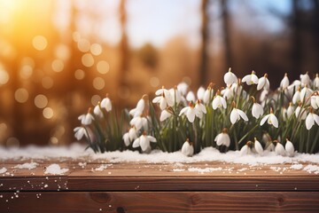 Snowdrops are growing on a wooden surface with snow around them. Sunlight is shining through tree branches in a spring setting