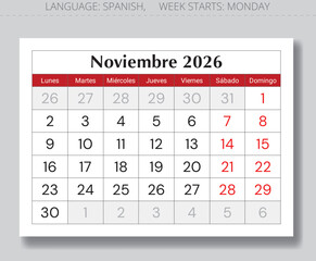November 2026 Spanish calendar (Noviembre). Paper page monthly vector illustration Spain