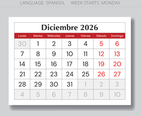 December 2026 Spanish calendar (Diciembre). Paper page monthly vector illustration Spain