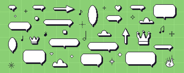 Pixel dialogue boxes set. 8 bit y2k speech bubbles set. Game pixel art chat text boxes with crown, music note, arrows. Vector talk frames balloons messages set isolated on green grid background.