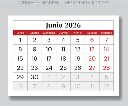 June 2026 Spanish calendar (Junio). Paper page monthly vector illustration Spain