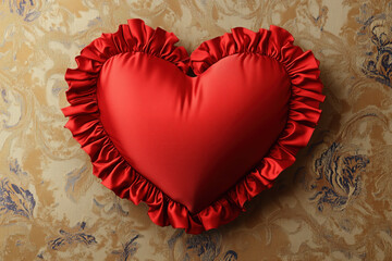 celebrate mothers valentines day wedding, heart as red satin pillow with ruffles on an ancient fabric background, love, passion, romance, romantic, photorealistic