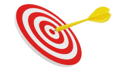Yellow dart hitting center of target PNG isolated on transparent background, achieving goals and success in business and marketing