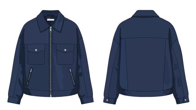 Navy blue casual utility jacket flat sketch front and back view full zipper closure chest and slant pockets classic collar design modern outerwear