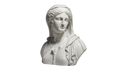 Marble bust of a woman isolated PNG on transparent background, classical sculpture of a draped female figure for art and design projects