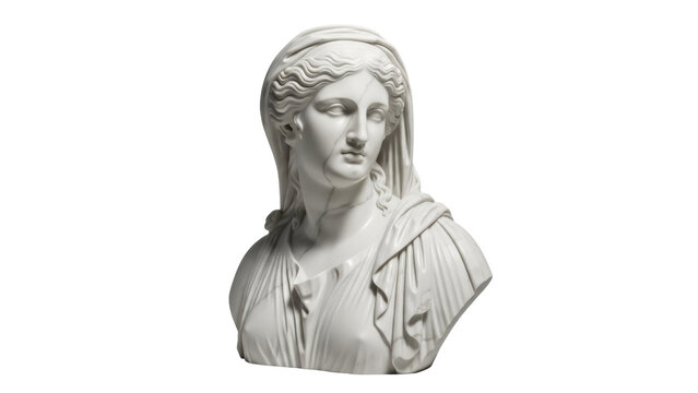 Marble bust of a woman isolated PNG on transparent background, classical sculpture of a draped female figure for art and design projects