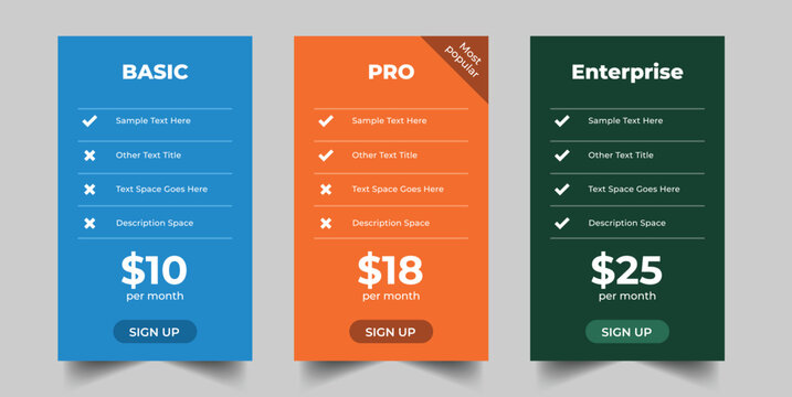 Modern Pricing Table with Basic, Standard, and Premium Subscription Plans