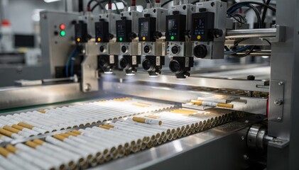 Medium shot of optical sensors scanning cigarettes on a moving belt enabling realtime weight control and seamless removal of underfilled or overweight sticks during manufacturing.