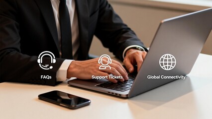 Businessman working on laptop with support icons