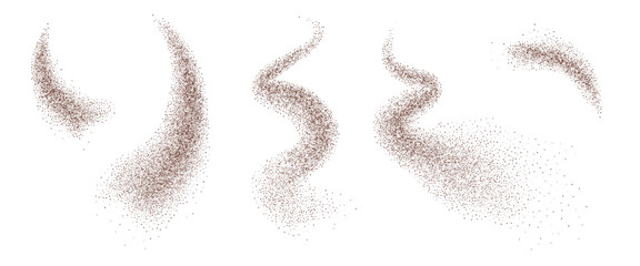Grounded coffee or spice gradation fly stroke shapes set. Grainy texture splash wavy long elements. Dark brown sand dotwork forms. Vector gritty wavy lines. Grunge food figures.