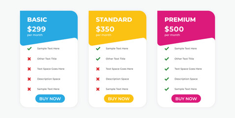 Modern Pricing Table with Basic, Standard, and Premium Subscription Plans