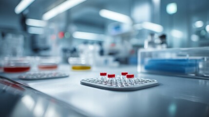 Cleanroom environment with food sample collection swabs on testing bench focus on swabs and analytical materials surrounding area softly out of focus.