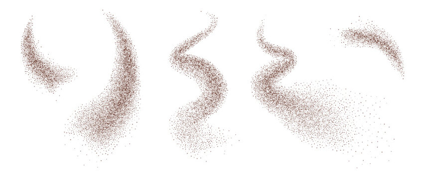 Grounded coffee or spice gradation fly stroke shapes set. Grainy texture splash wavy long elements. Dark brown sand dotwork forms. Vector gritty wavy lines. Grunge food figures.