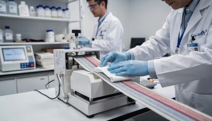 Technicians perform precise dry rub fastness tests on narrow fabric samples in a bright controlled textile lab environment ensuring color durability and quality standards.