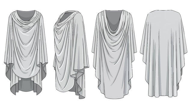 Fashion flat vector illustration of a women's relaxed fit cowl neck draped tunic top showcasing various views